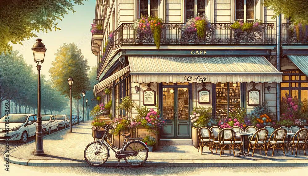 Fototapeta premium 早朝のフレンチカフェ：オープン前の静けさ