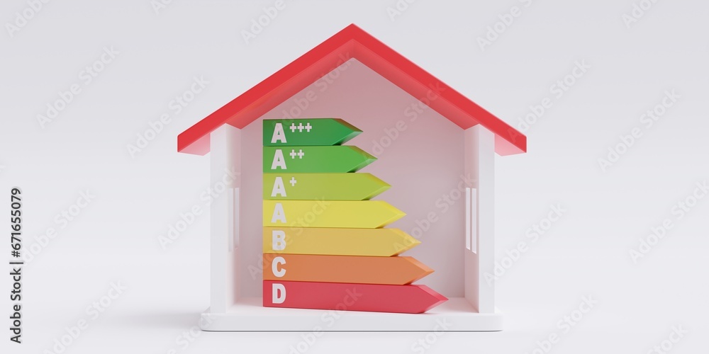 House with Energy Efficiency rating chart isolated on white, Green home House with Energy Efficiency rating chart isolated on white, Green home