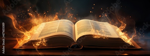 Open book with burning pages and city on background. 3d rendering Generative AI