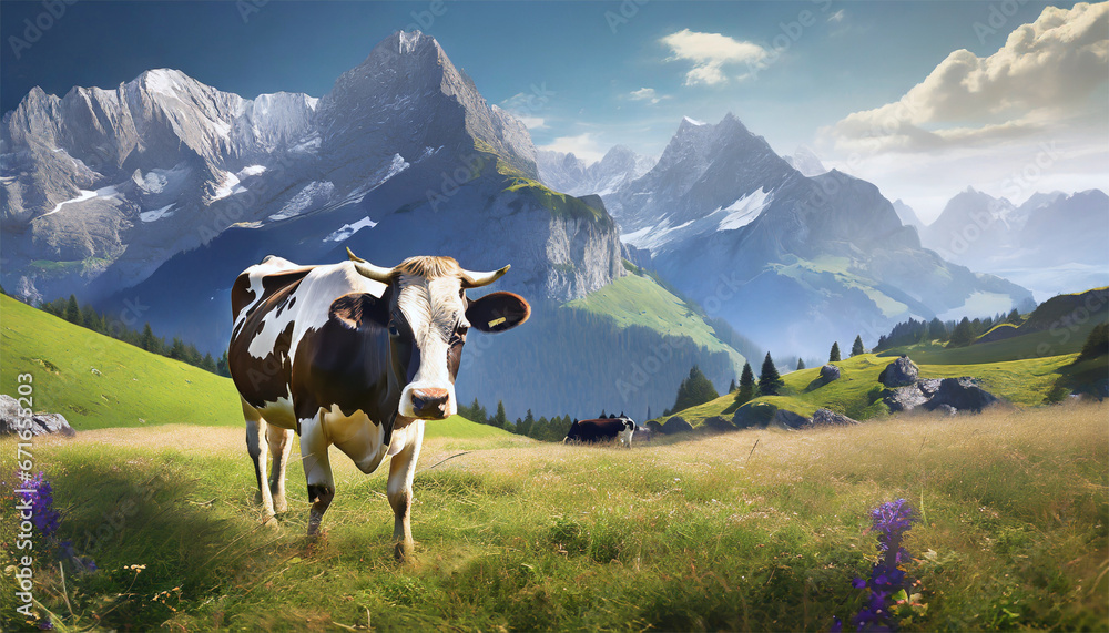 Cows graze on the meadow against the background of mountains Cows graze on the meadow against the background of mountains