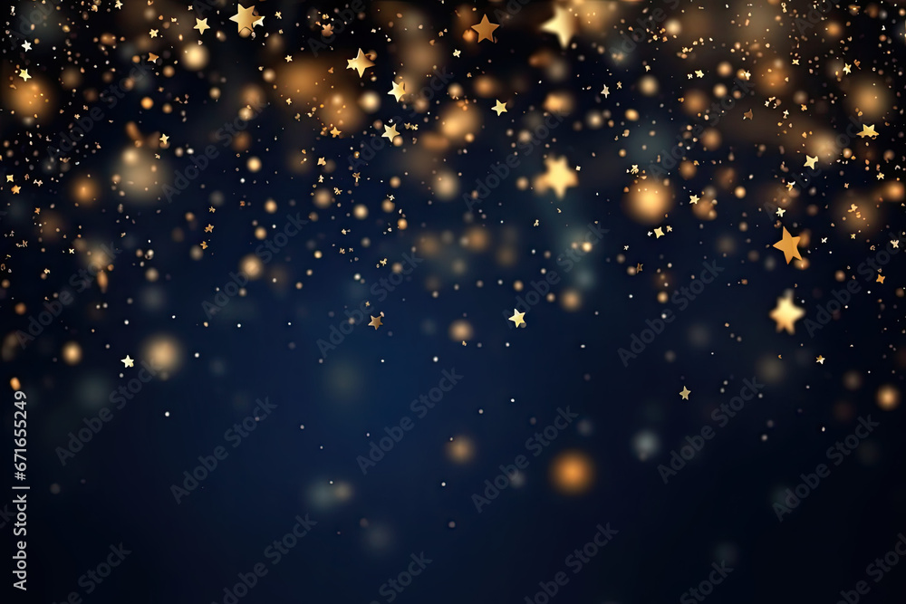 Abstract background with gold stars, particles and sparkling on navy blue. Christmas Golden light shine particles bokeh on navy blue background. 2024 New year background. AI Generative