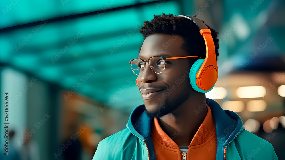 An African-American boy listening to music with headphones. Eye-catching colors. Space for text. - obrazy, fototapety, plakaty 