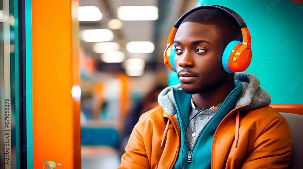 An African-American boy listening to music with headphones. Eye-catching colors. Space for text. - obrazy, fototapety, plakaty 