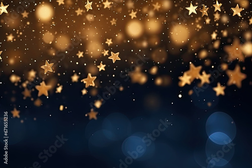 Abstract background with gold stars  particles and sparkling on navy blue. Christmas Golden light shine particles bokeh on navy blue background. 2024 New year background. AI Generative