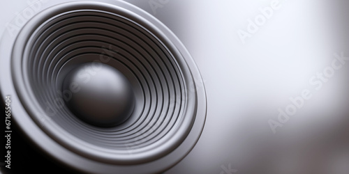 Silver Loudspeaker on empty silver background. Round speaker. Ad template, copy space. 3d render