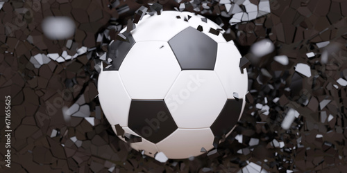 Soccer football ball breaks with great force a black wall background texture. Wallpaper. 3d render