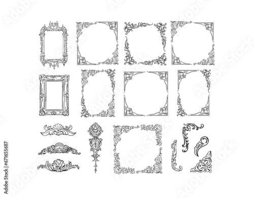 Hand drawn vector abstract outline,graphic,line art vintage baroque ornament floral frames set in minimalistic modern style.Baroque floral vintage outline design concept.Vector antique frame isolated.