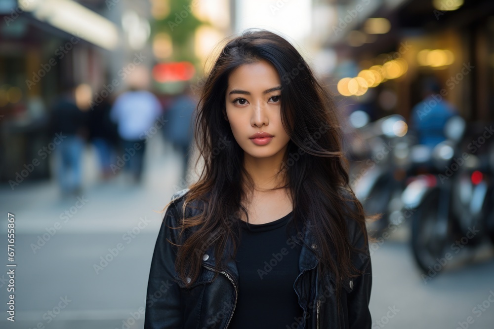 Young Asian woman serious face portrait on city street