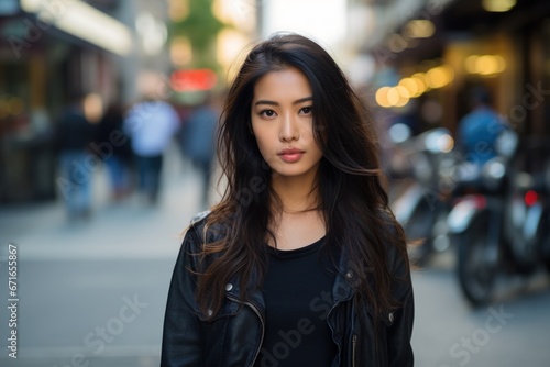 Young Asian woman serious face portrait on city street