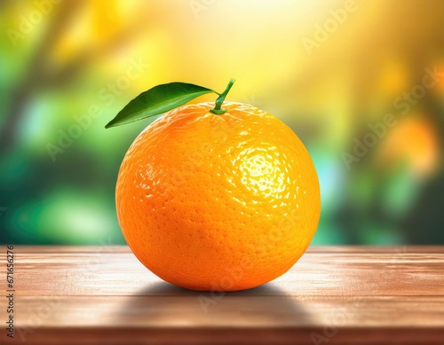 Fresh orange fruit on wooden display , with blurred natural background .