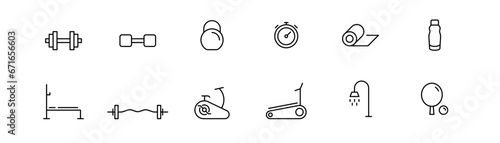 Gym icon set. Fitness icon. Workout line icons. Gym illustration. Editable stroke. Vector illustration.