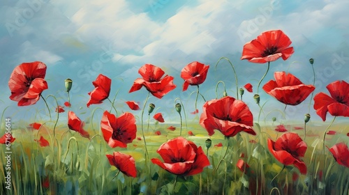 Poppies swaying gently in a breezy field  their red petals standing out against the green landscape.