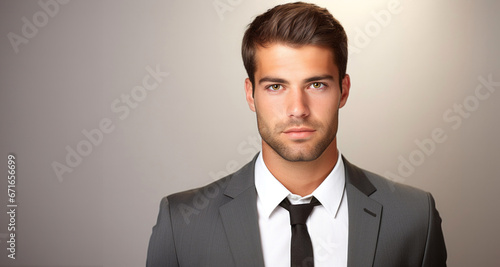 Retrato Hombre Joven empresario de mediana edad En Elegante traje negro smoking con corbata photo