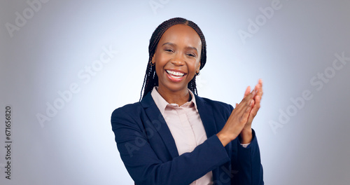 Business, success and face of black woman with applause in studio with congratulations, pride or praise on grey background. Portrait, smile or lady entrepreneur with clapping hands emoji motivation