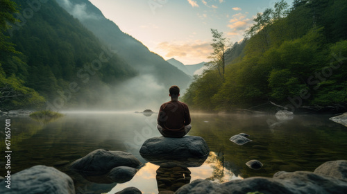 Young woman meditating by the lake