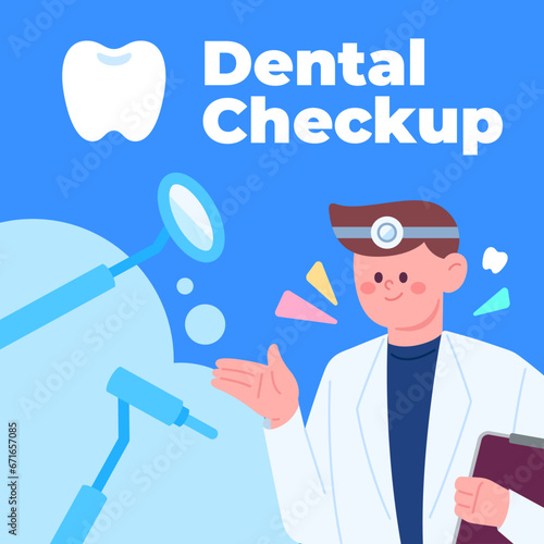 A graphic illustration of a doctor performing dental diagnosis and surgery while holding a medical chart.