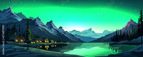 Beautiful night panoramic landscape of a winter village with a lake and forest against the backdrop of stunning mountains and wonderful northern lights. Christmas design.