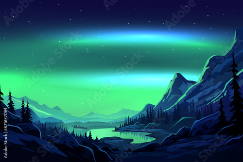 Northern lights. Beautiful winter night landscape of the northern lights against the backdrop of large snow-capped mountains, cliffs, lakes and forests. Christmas design. Poster, postcard, banner.