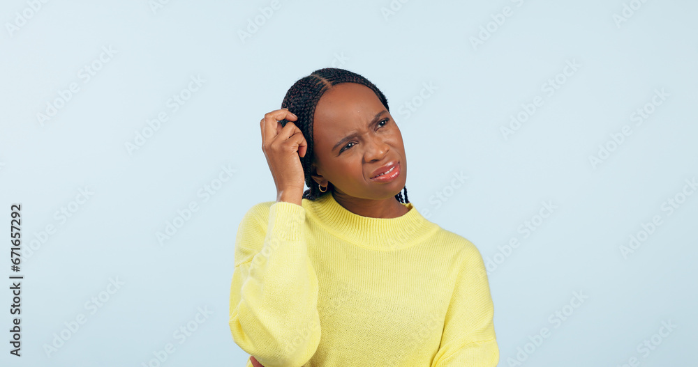 Confused woman, scratch head and thinking in studio of questions, solution and dont know why on blue background. Curious african model with doubt of decision, forgot memory and problem solving ideas Confused woman, scratch head and thinking in studio of questions, solution and dont know why on blue background. Curious african model with doubt of decision, forgot memory and problem solving ideas