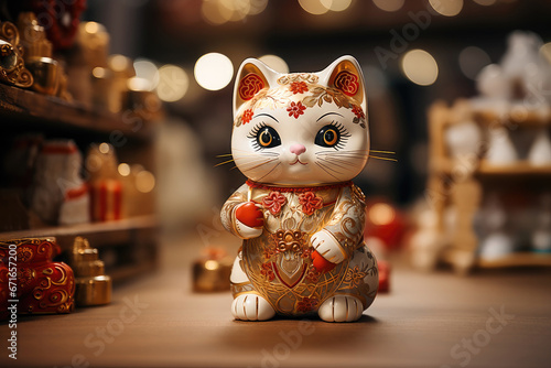 Intricately designed golden maneki-neko cat symbolizing prosperity and good luck, beautifully set in a shop setting.