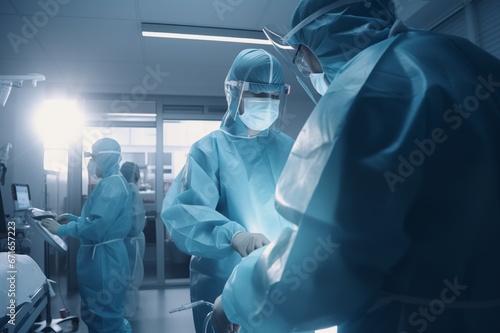 Doctors in mask preparing to work inside hospital during coronavirus outbreak