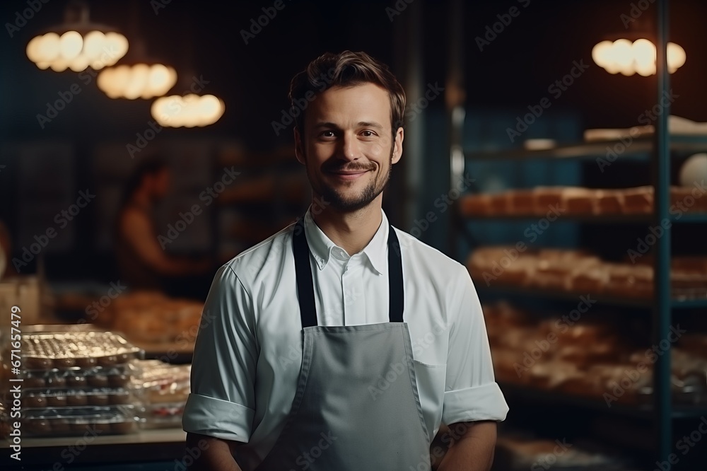 Baker in uniform at manufacturing. Concept of small business owner