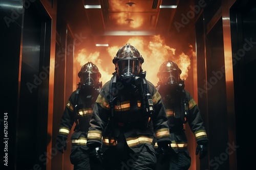 Group of firefighters in helmets entering building against fire background photo