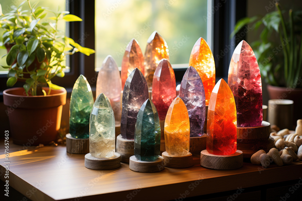 Array of radiant gemstones on wooden stands, beautifully displayed by a sunlit window with indoor plants.