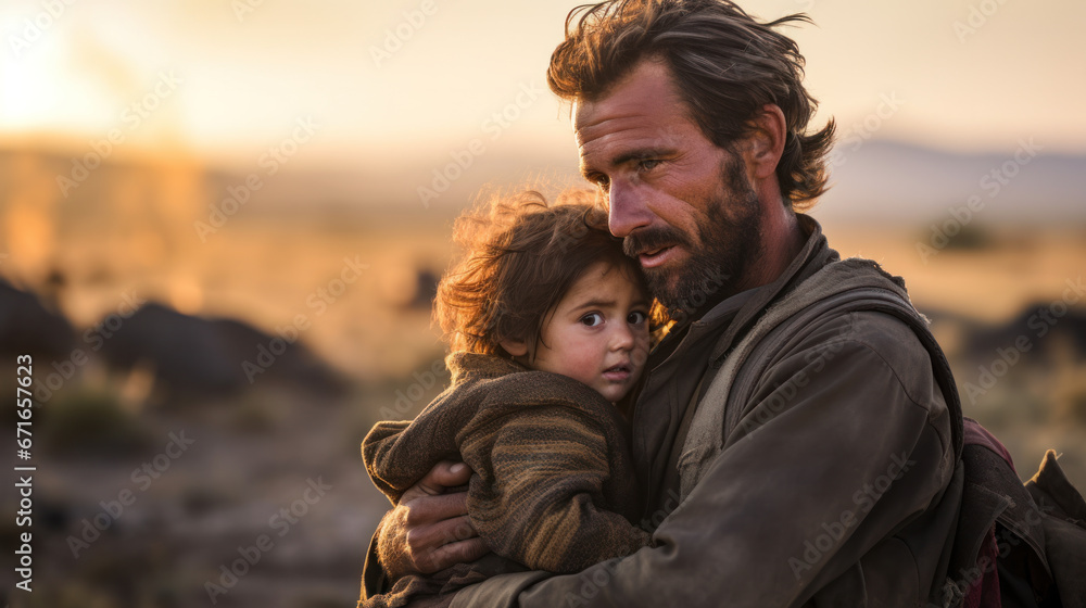 Poverty and poorness on the children face. Sad little boy in fathers arms. Refugee. Poverty and poorness on the children face. Sad little boy in fathers arms. Refugee.