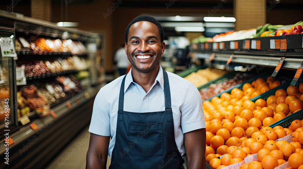 smiling grocery store worker in apron, standing in fresh produce section, ideal for retail and customer service topics, ai generated