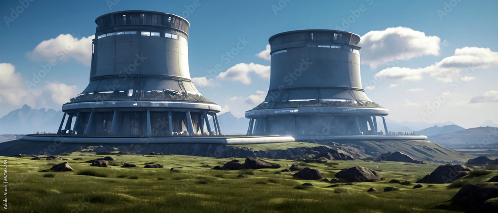 Conceptual illustration of futuristic geothermal power plants on New Zealand soil. Panoramic view, background or wallpaper. Geothermal energy production.Digital painting.Generative AI - obrazy, fototapety, plakaty 