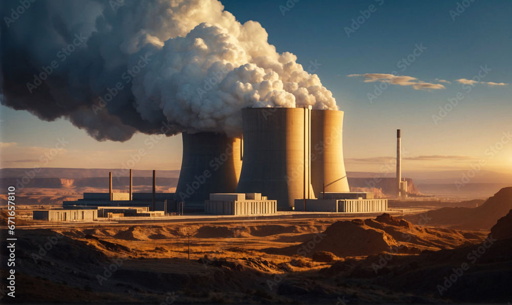 A complex of buildings for a massive modern nuclear power plant located in the desert in a remote area. Cheap energy production. Conceptual Digital painting.Generative AI