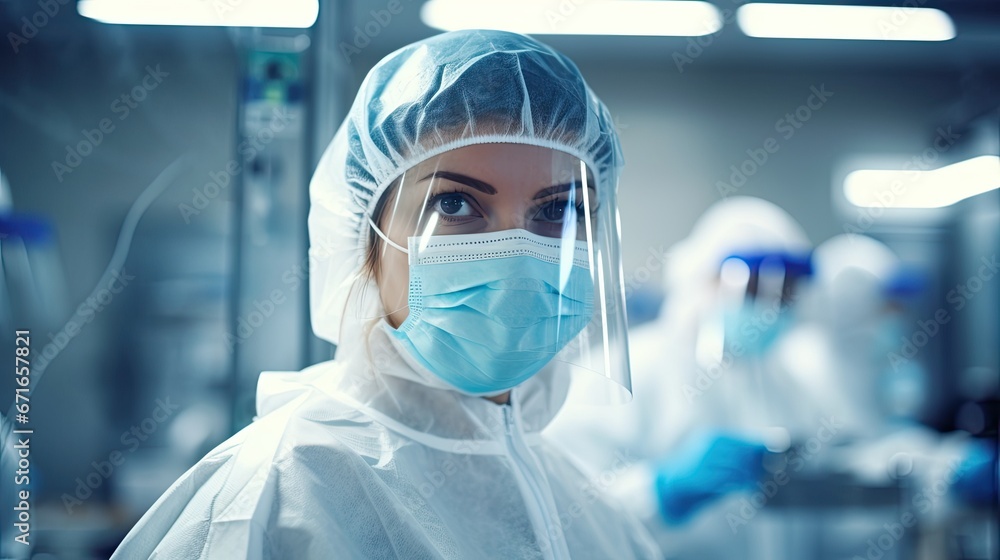 female medical professional in protective gear, focused gaze in laboratory setting, highlighting healthcare dedication female medical professional in protective gear, focused gaze in laboratory setting, highlighting healthcare dedication