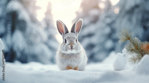 A bunny on the snow in the forest