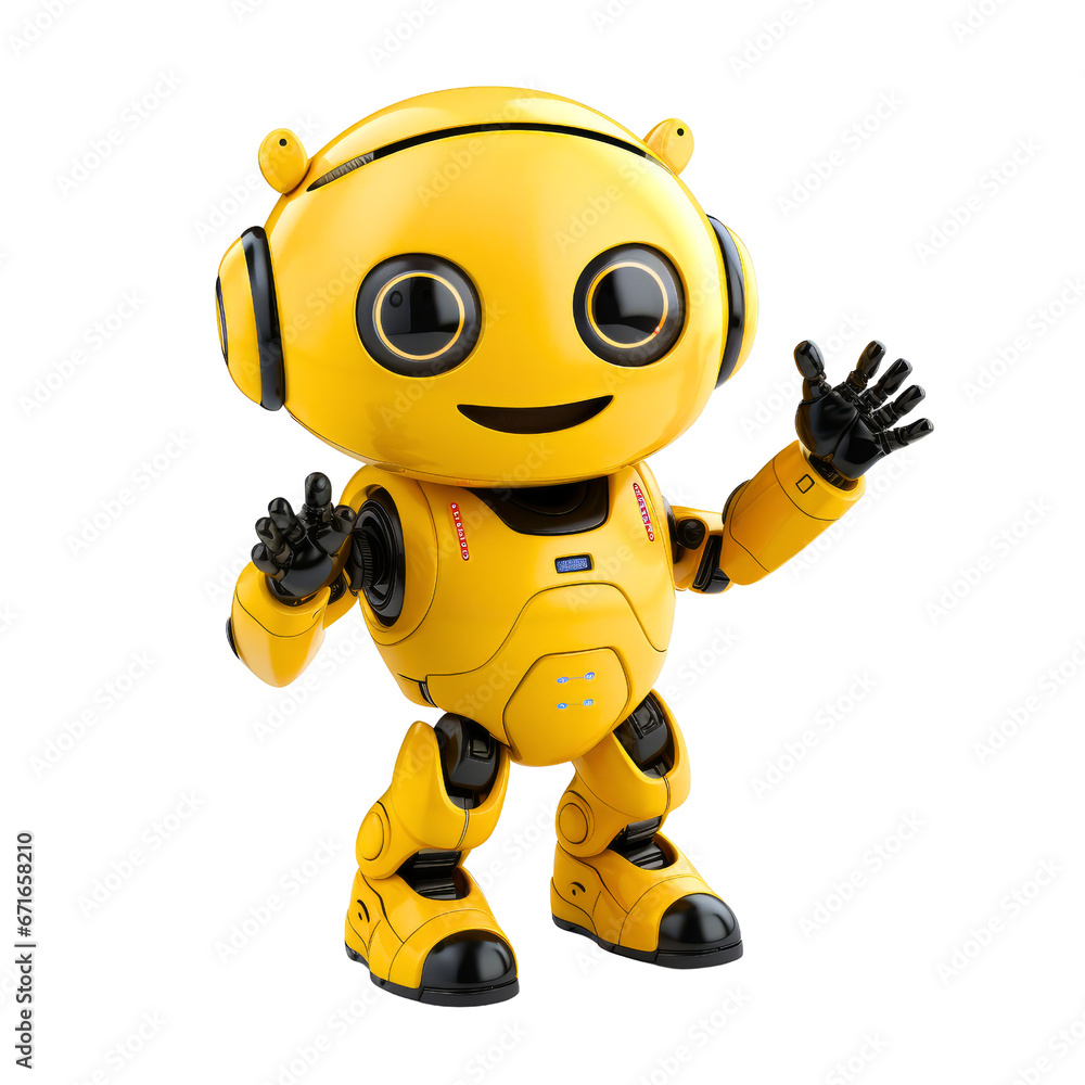 A cute happy yellow robot raising hands, Artificial inteligence and futuristic lifestyle concept. 3D Illustration icon for decorating projects. A cute happy yellow robot raising hands, Artificial inteligence and futuristic lifestyle concept. 3D Illustration icon for decorating projects.