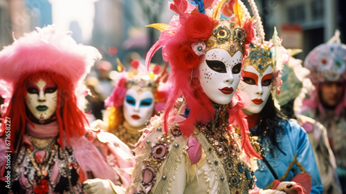 Mardi Gras parade with costumed, masked participants. © XaMaps