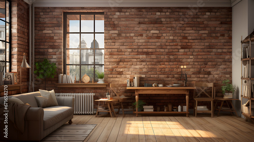 living room decor, home interior design . Industrial Rustic style with Brick Wall decorated with Metal and Wood material © Poramet