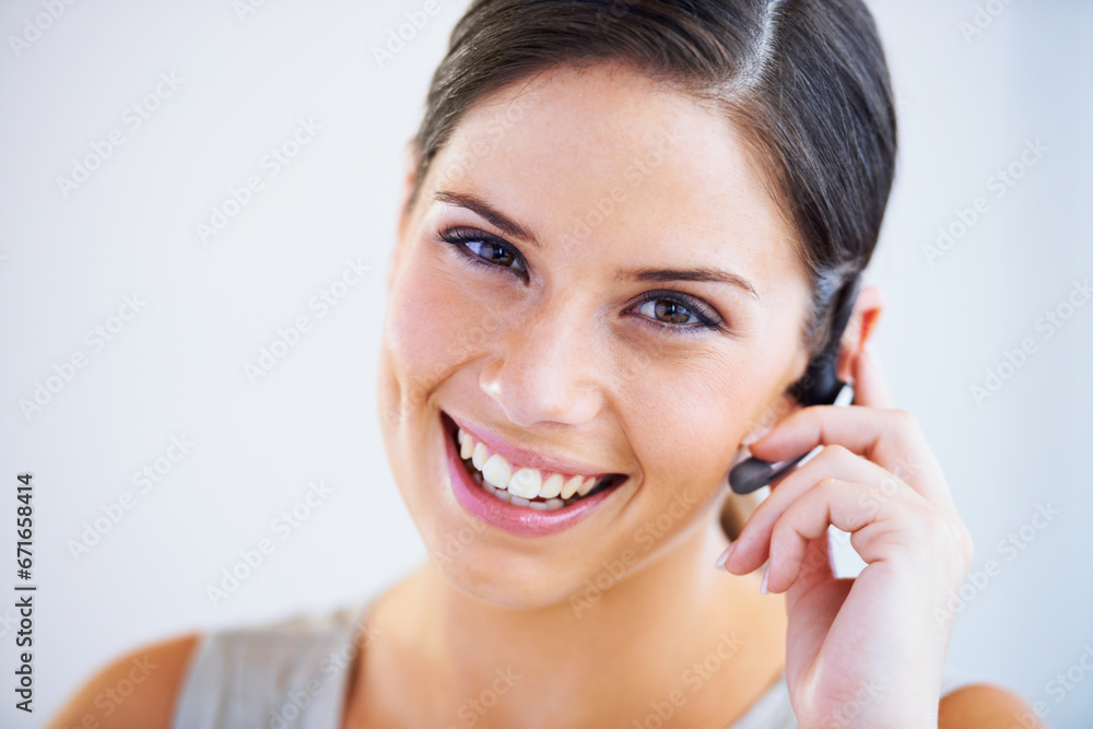 Call center, woman and portrait in studio for communication, telecom questions and customer service support on white background. Face of happy telemarketing consultant with microphone for CRM contact Call center, woman and portrait in studio for communication, telecom questions and customer service support on white background. Face of happy telemarketing consultant with microphone for CRM contact