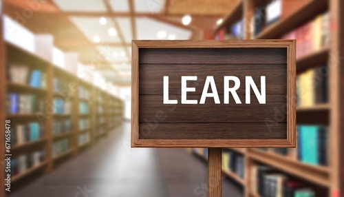 learn on wooden sign board. library background .Concept words 'Learn and grow' on wooden  sign. photo