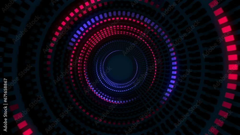 A circle of blinking neon colored blue and red glowing digital data lights technology background. A circle of blinking neon colored blue and red glowing digital data lights technology background.