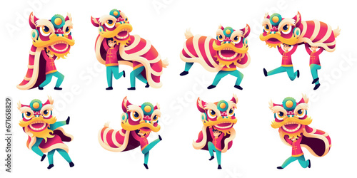 Vector Charactes Chinese New Year Lion Dances Set Illustration Isolated