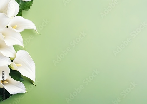 invitation card background for wedding and anniversary, elegant calla lilies on green background with copyspace, perfect for minimalist decor and floral themes, ai generated