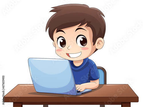 A child learning online against a white background. Using the laptop is looking happy. © Aisyaqilumar