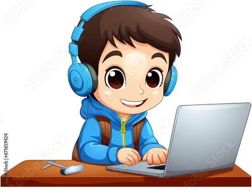 A child learning online against a white background. Using the laptop is looking happy.