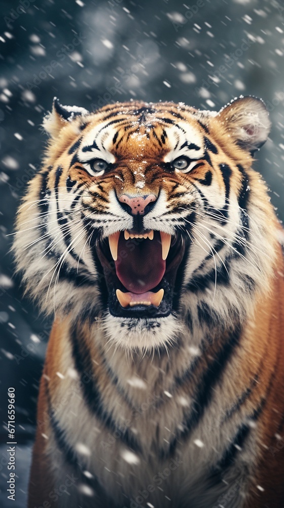 Big siberian tiger roaring against winter snowfall ambience background with space for text, background image, AI generated