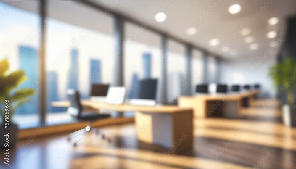 Modern office with large windows, wooden desks, and ergonomic chairs, blurred cityscape background.
Modern office with large windows, wooden desks, and ergonomic chairs, blurred cityscape background.