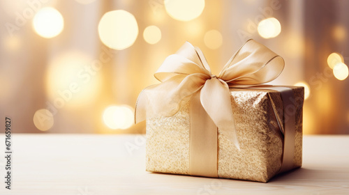Golden gift box, soft-focus glowing lights backdrop