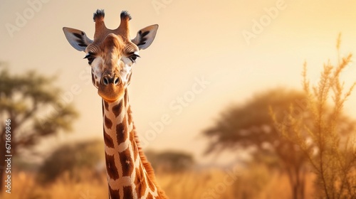 Giraffe against savanna ambience background with space for text, background image, AI generated