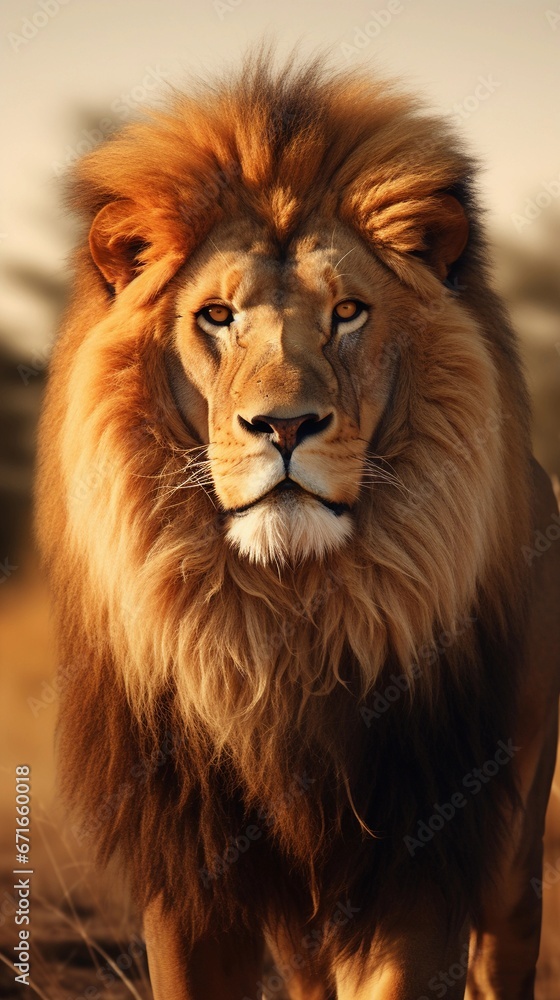 Fototapeta premium Majestic male Lion against savanna ambience background with space for text, background image, AI generated