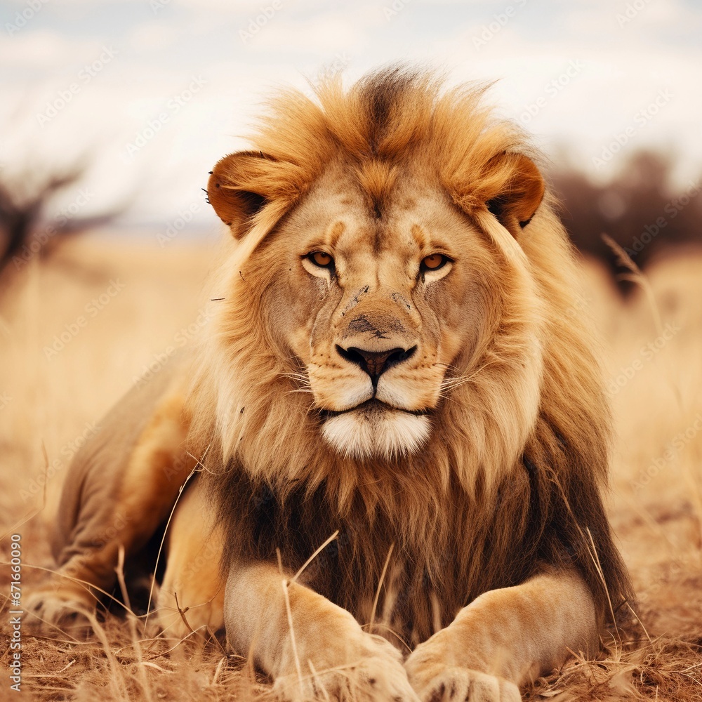 Majestic male Lion against savanna ambience background with space for text, background image, AI generated